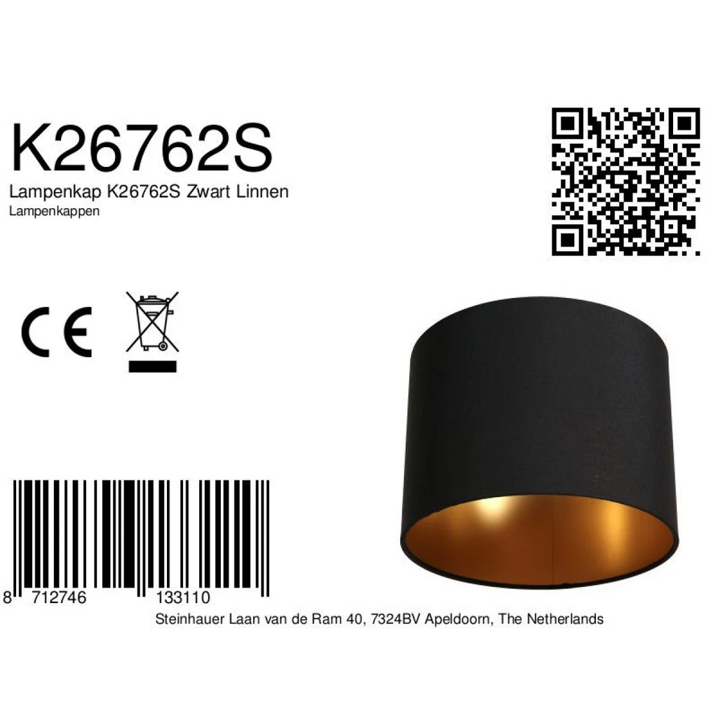 Abat-jour cylindrique en lin noir avec intérieur doré pour lampe E27 Ø20 cm