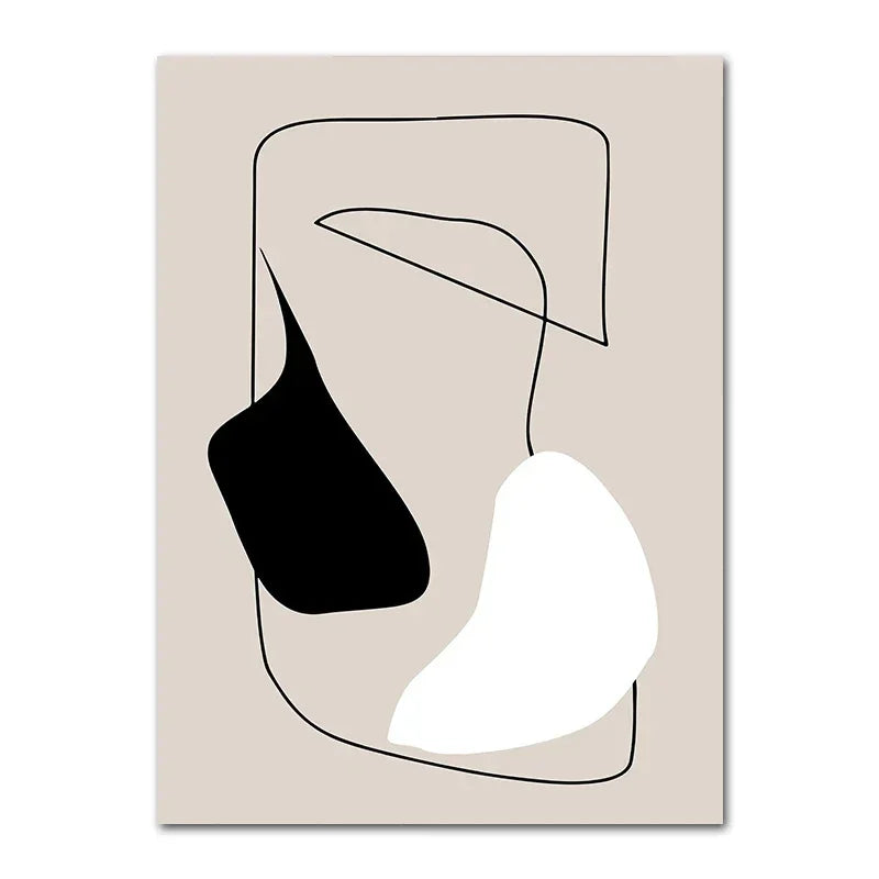 Art minimaliste abstrait en noir et blanc sur toile beige rectangulaire