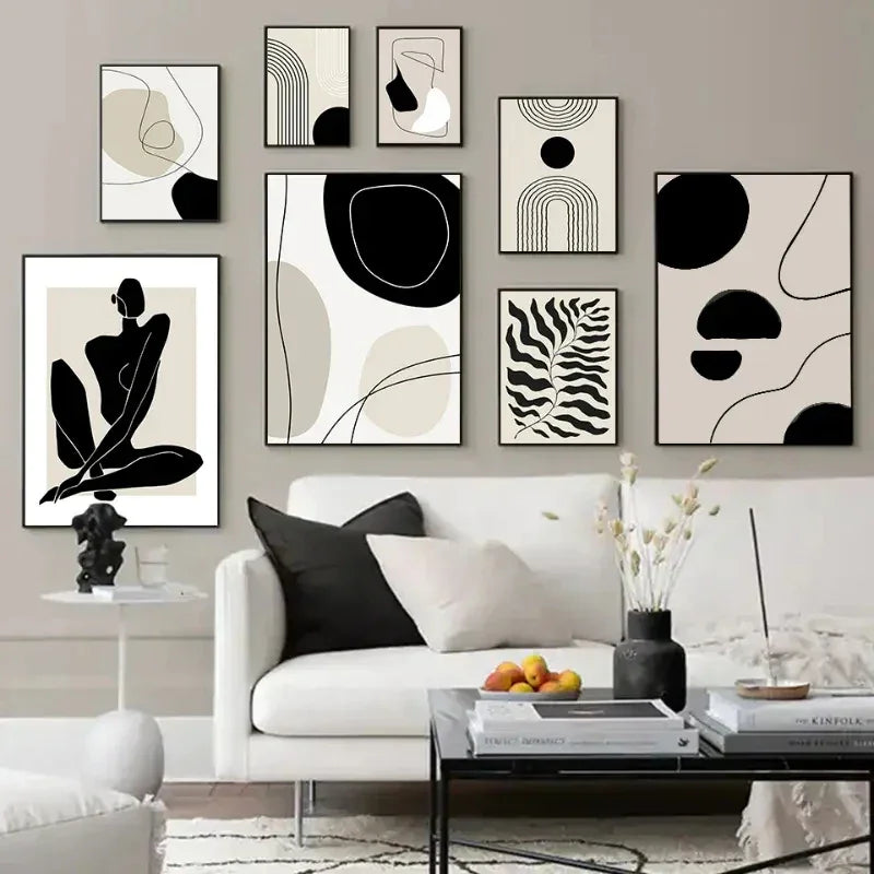 Affiche murale abstraite en toile beige et noire avec motif cercle et lignes