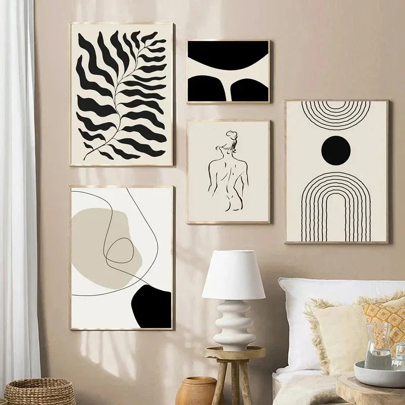 Murale d’art minimaliste avec prints abstraits en toile beige et noire avec motifs cercles et lignes