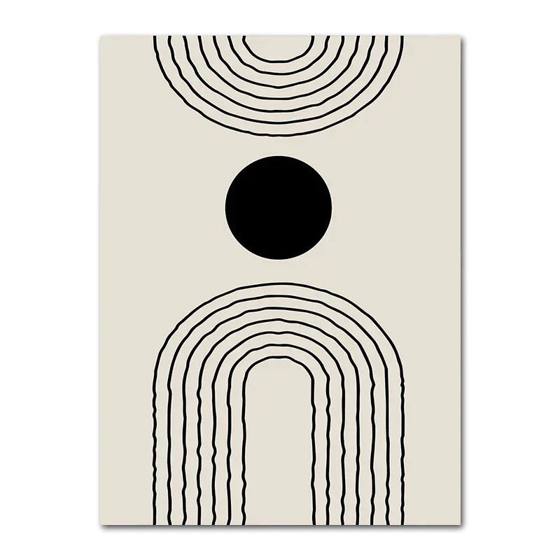 Impression d’art géométrique abstrait sur toile beige et noire avec motifs cercles et lignes