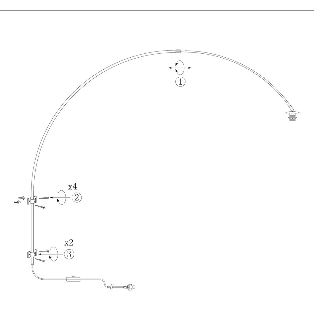 Diagramme d’assemblage de lampadaire arqué en métal brossé et abat-jour gris fumé