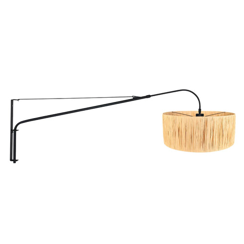 Applique murale en métal noir avec bras long orientable et abat-jour en fibres naturelles
