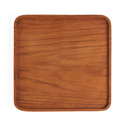 Plateau carré en bois de teck brun naturel pour café ou dessert