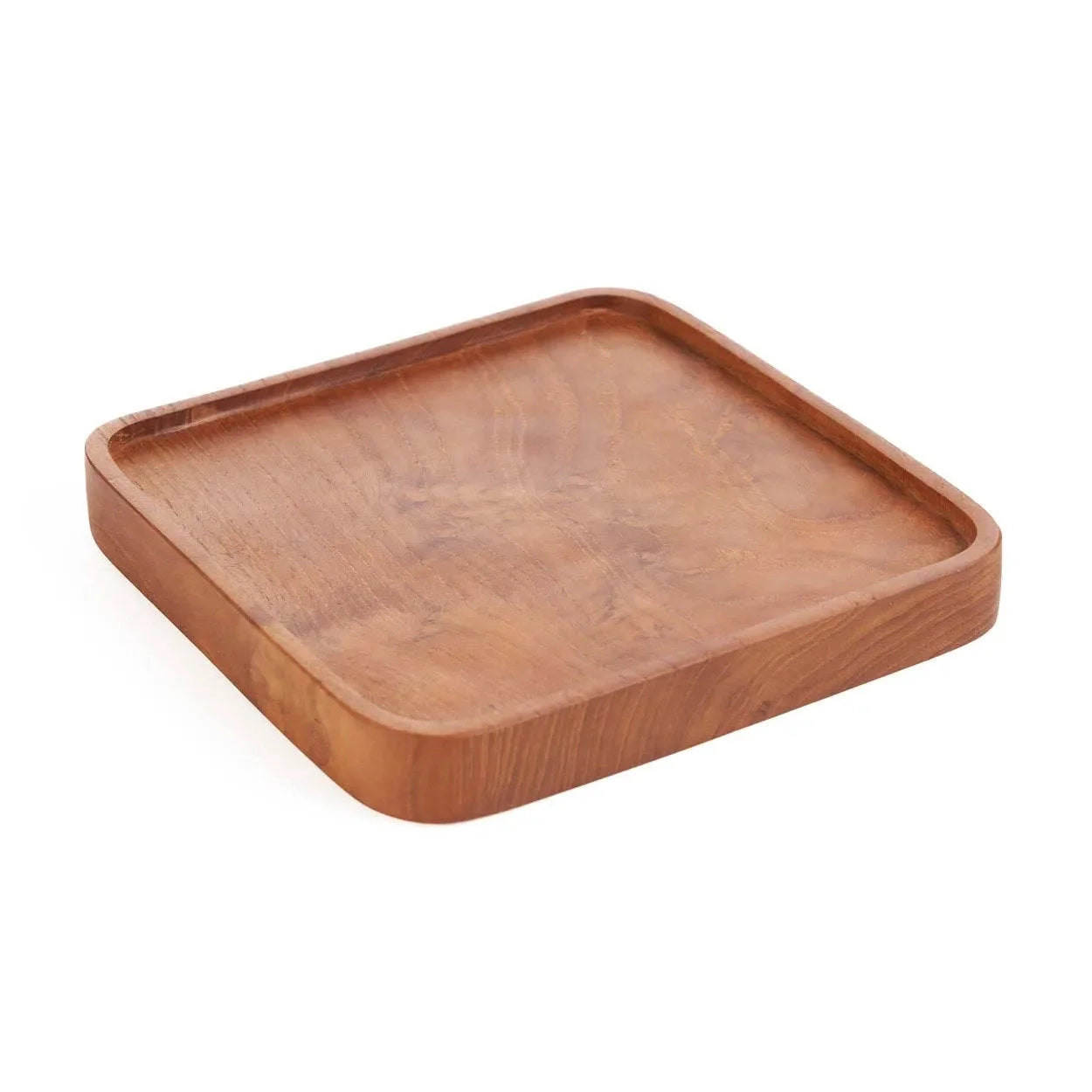 Assiette carrée en bois de teck naturel, finition lisse, rebord discret