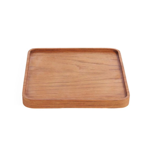 Plateau carré en bois de teck naturel, grain visible et rebord fin