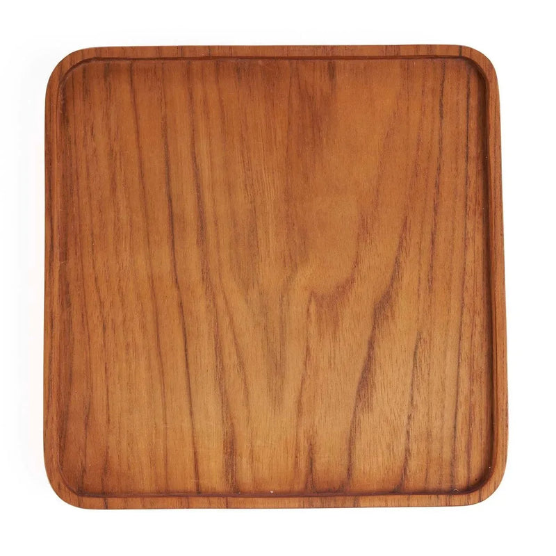 Assiette carrée en bois de teck naturel finition lisse et rebord fin