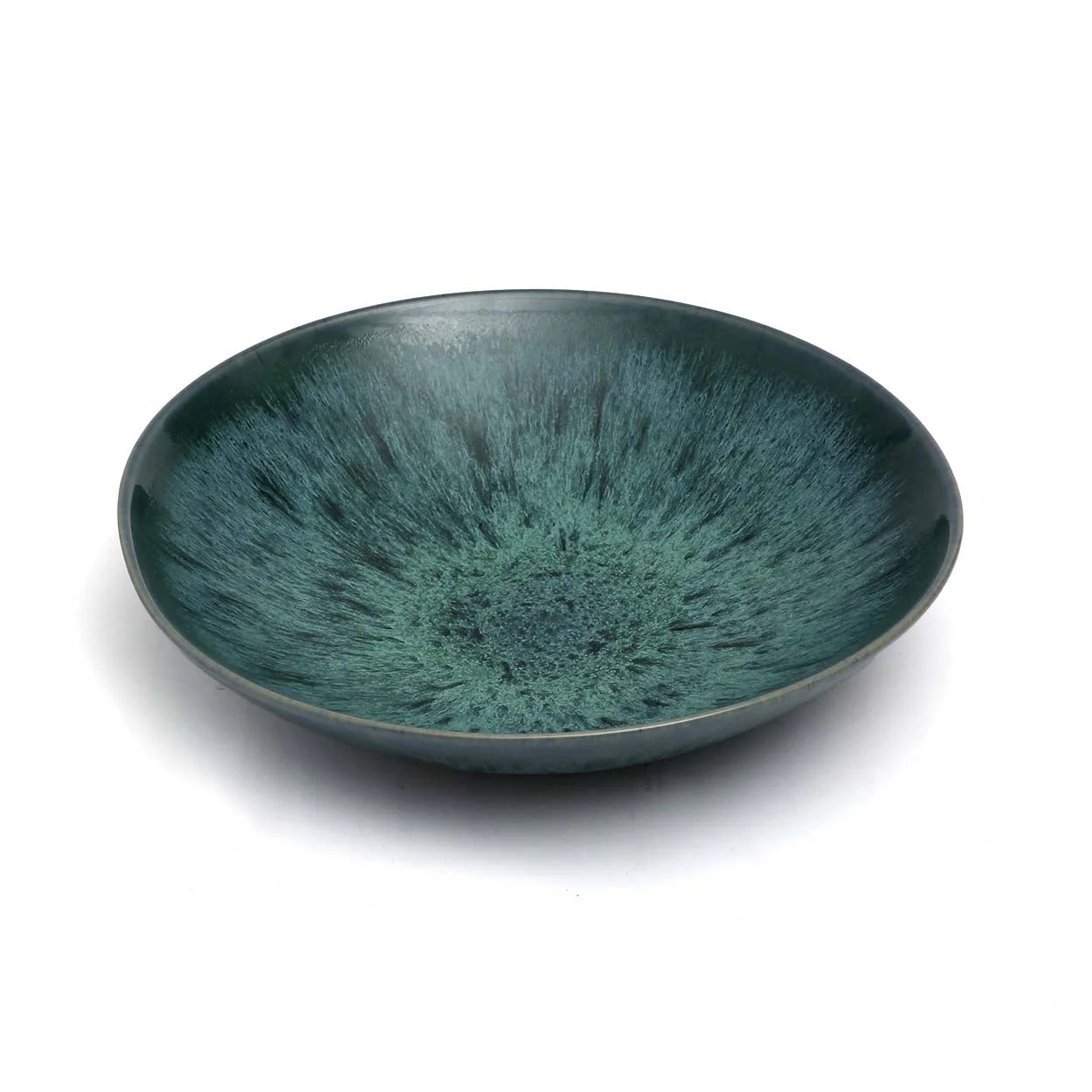 Assiette creuse en grès émaillé vert émeraude moucheté, bol céramique teal brillant