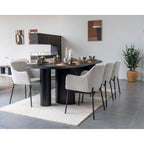 Table à manger ovale noire aux pieds cylindriques minimalistes, lot assiettes grès gris-marron ø27cm x4