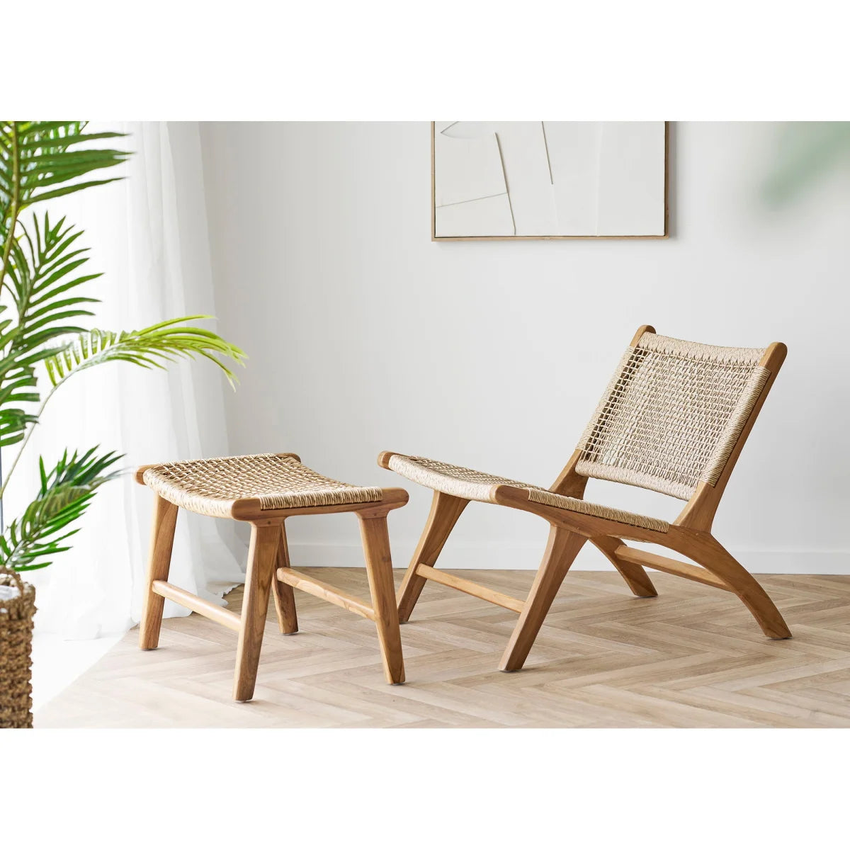 Chaise longue en bois naturel avec siège et dossier en corde tressée, 60x40 cm