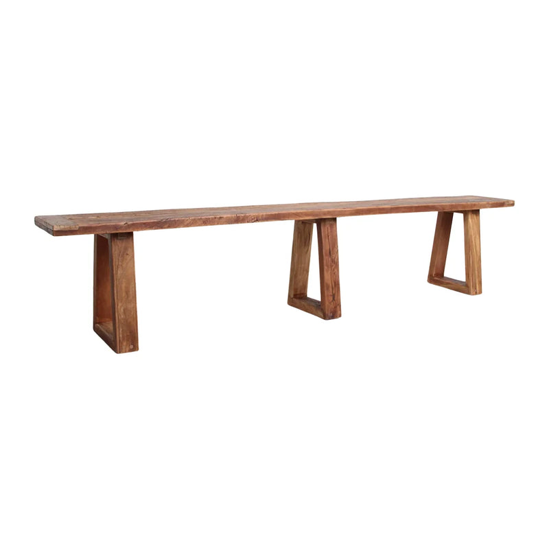 Banc en bois massif brun à piètements trapézoïdaux – 220x30 cm