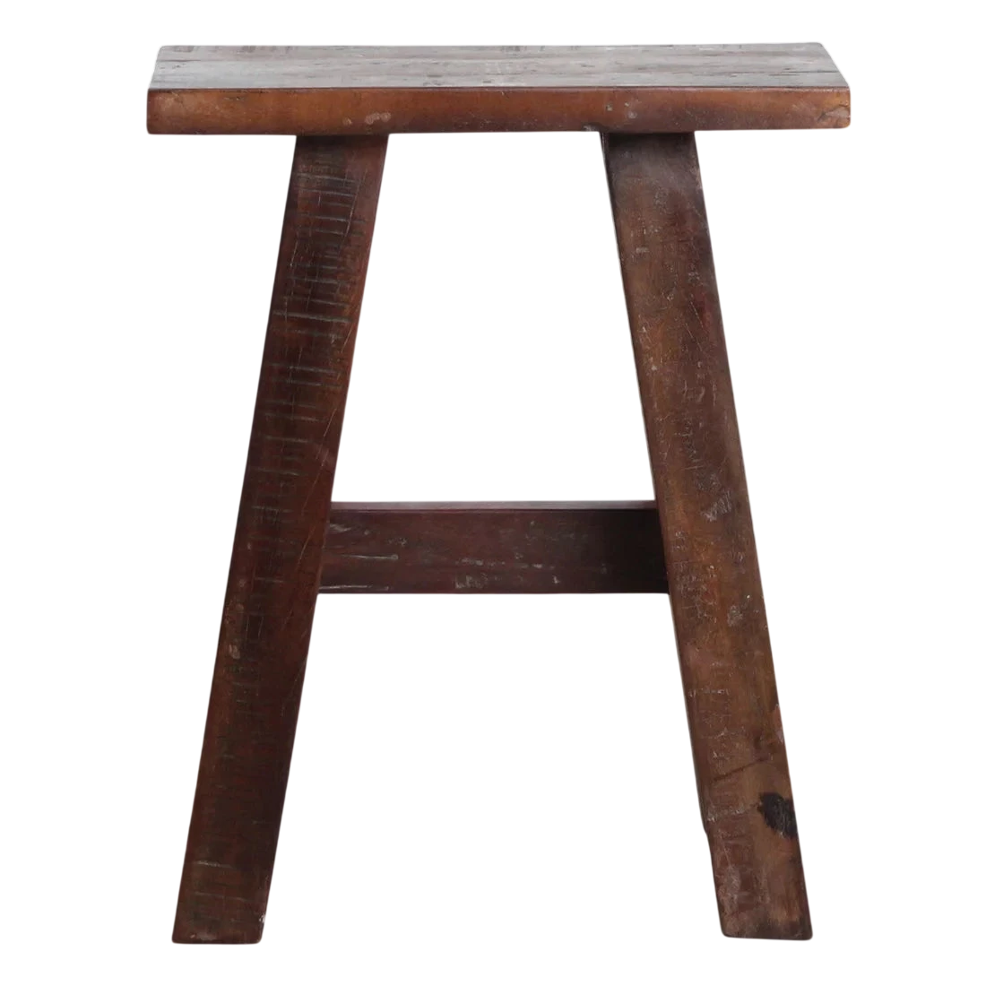 Tabouret en bois recyclé brun foncé vintage, pieds évasés 45x20 cm