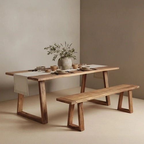 Banc en bois recyclé brun miel avec pieds trapèze, 180x30 cm