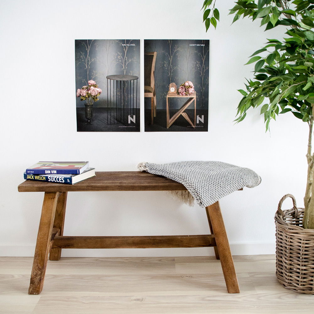 Banc en bois de teck massif pieds inclinés naturel 90x25 cm