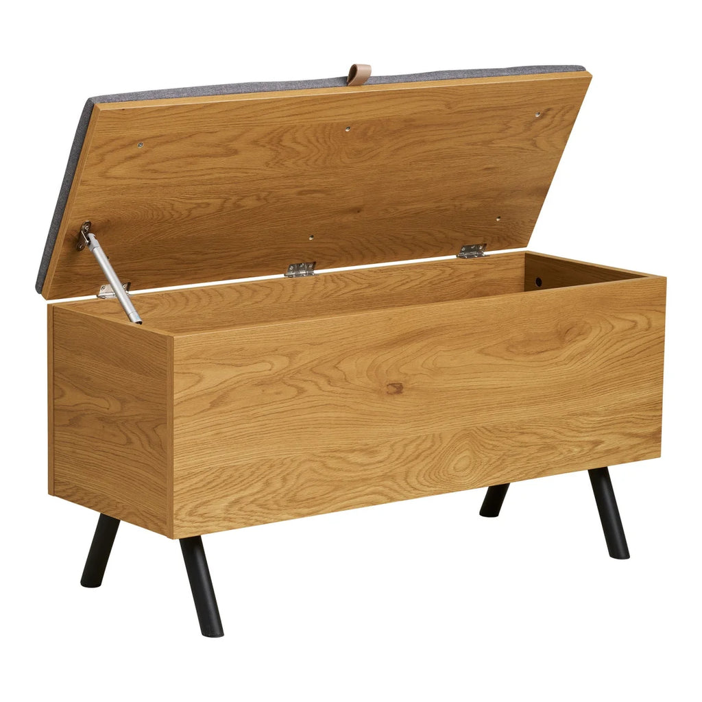 Banc coffre bois effet chêne assise grise pieds noirs 92x33 cm