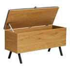 Banc coffre bois effet chêne assise grise pieds noirs 92x33 cm