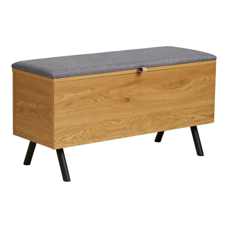 Banc coffre bois effet chêne assise grise pieds noirs – 92x33 cm