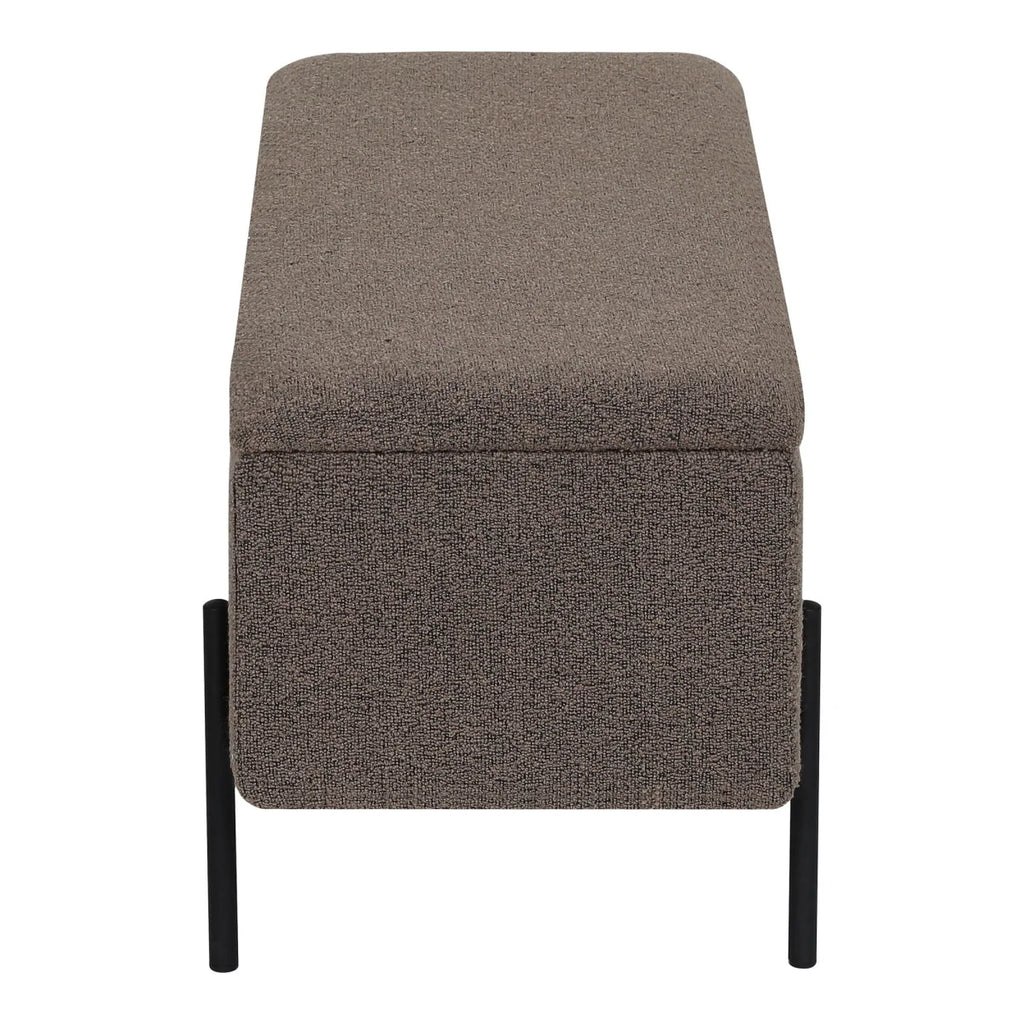 Banc coffre en tissu chiné taupe, pieds noirs élancés, 95x36 cm