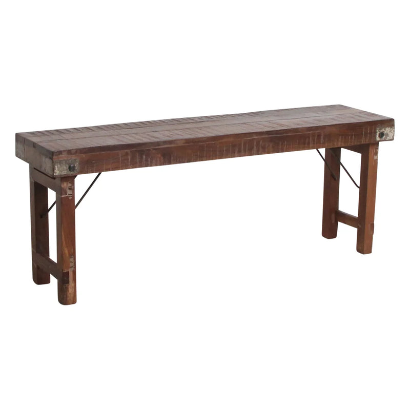 Banc pliant en bois recyclé brun avec renforts métal noir – 120x30 cm