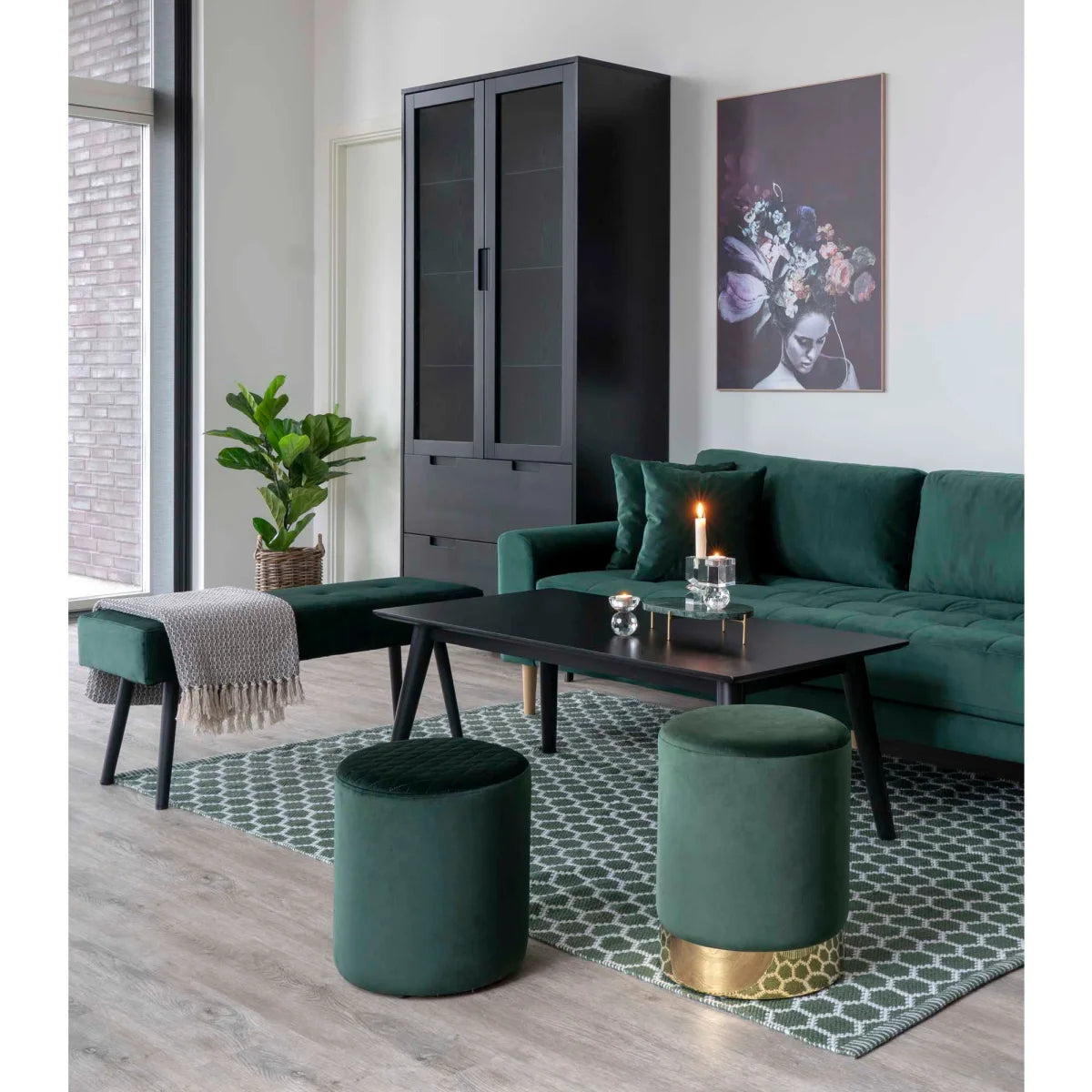 Banc rectangulaire en velours vert émeraude capitonné, 100x35 cm