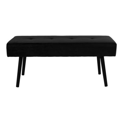 Banc en velours noir capitonné avec pieds métalliques inclinés, 100x35 cm