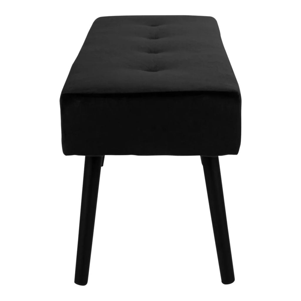 Banc en velours noir avec pieds inclinés et boutons, 100x35 cm