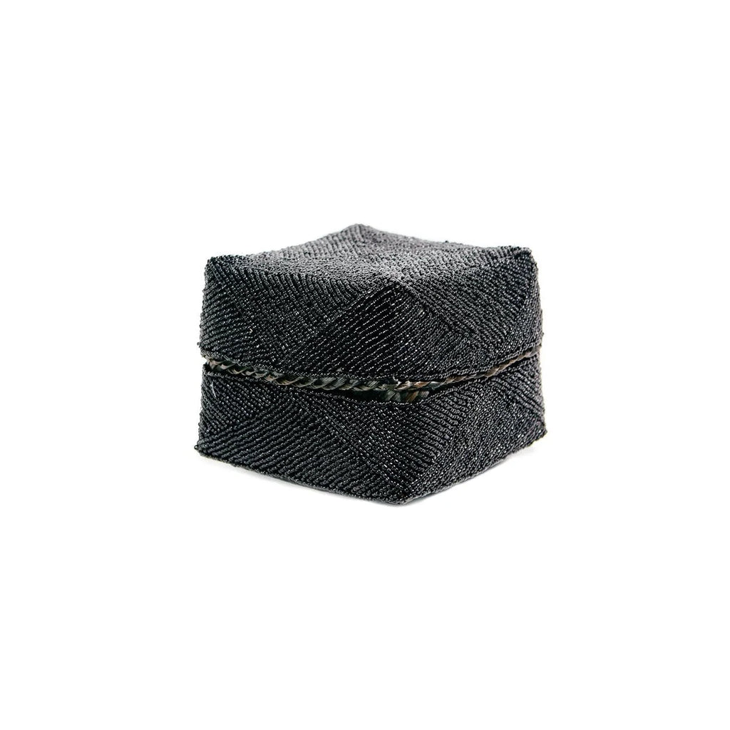 Boîte décorative perlée motif géométrique noir en bambou avec couvercle