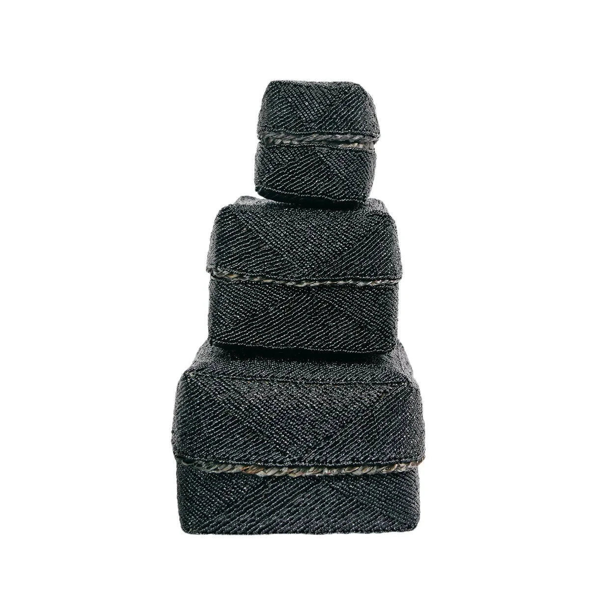Boîte décorative perlée motif géométrique noir en bambou avec couvercle