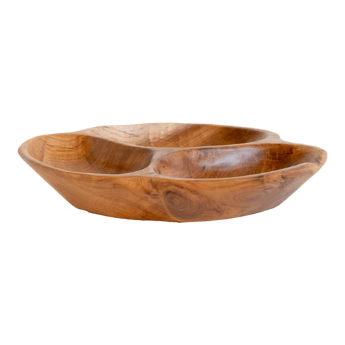 Bol apéritif en bois de teck sculpté, compartimenté organique, Ø30 cm