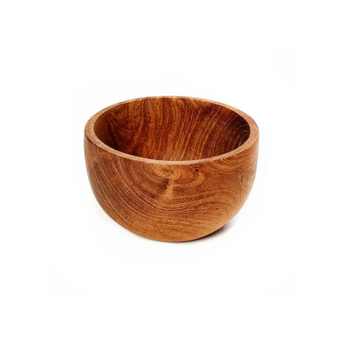 Bol en bois de teck naturel rond avec grain visible, idéal pour sel ou épices