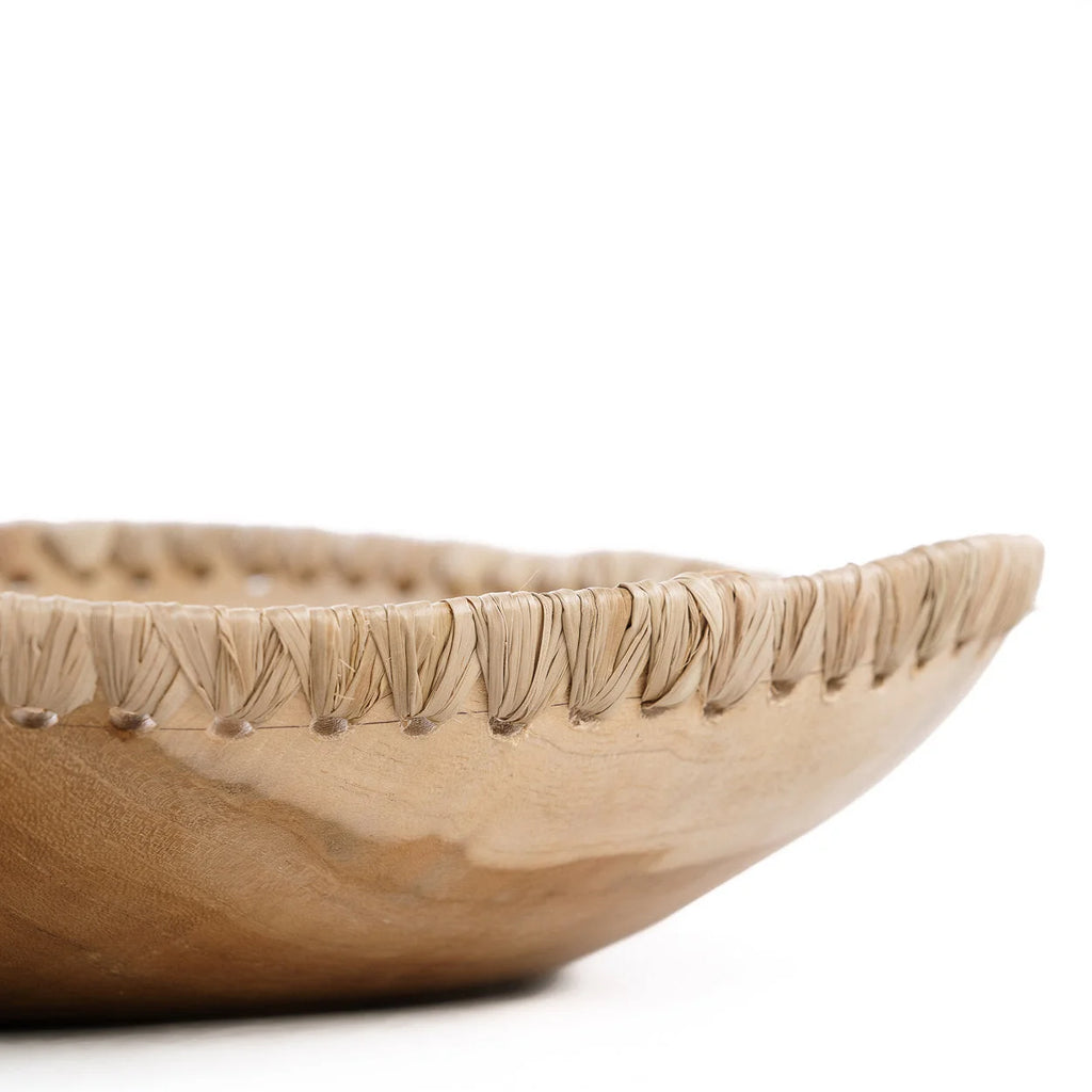 Bol décoratif en bois de teck naturel avec bord tressé en raphia, Ø30 cm
