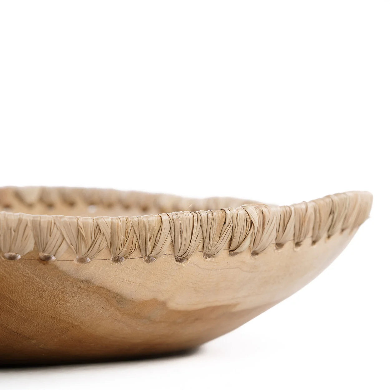Bol décoratif en bois de teck naturel avec bord tressé en raphia, Ø30 cm