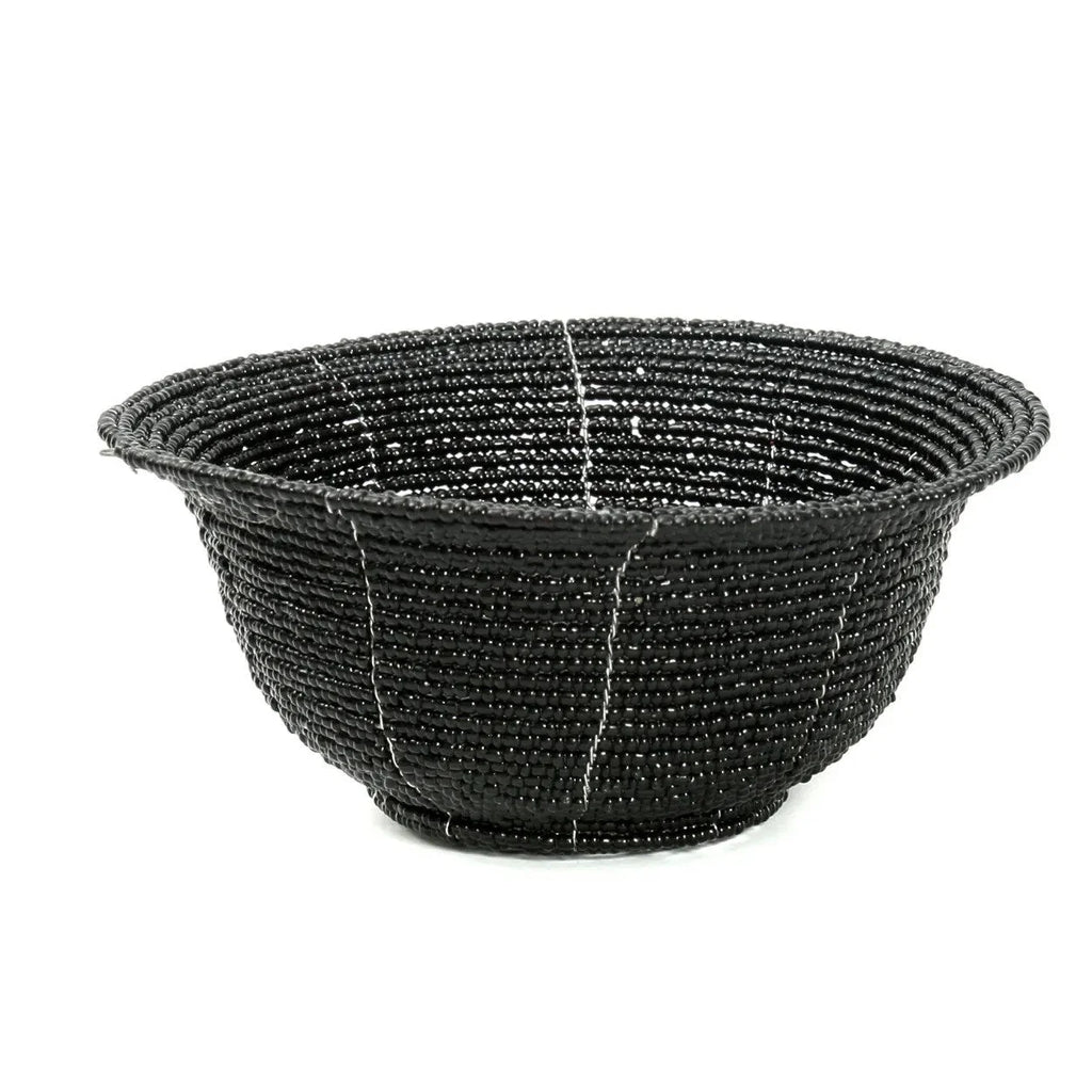 Bol décoratif rond en perles noires tressées avec accents blancs verticals