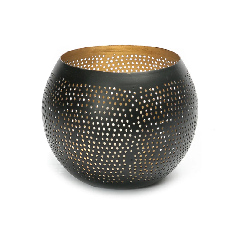 Bougeoir boule en laiton noir mat intérieur doré ajouré