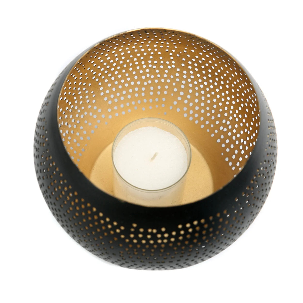 Bougeoir boule en laiton noir mat et doré ajouré avec bougie blanche