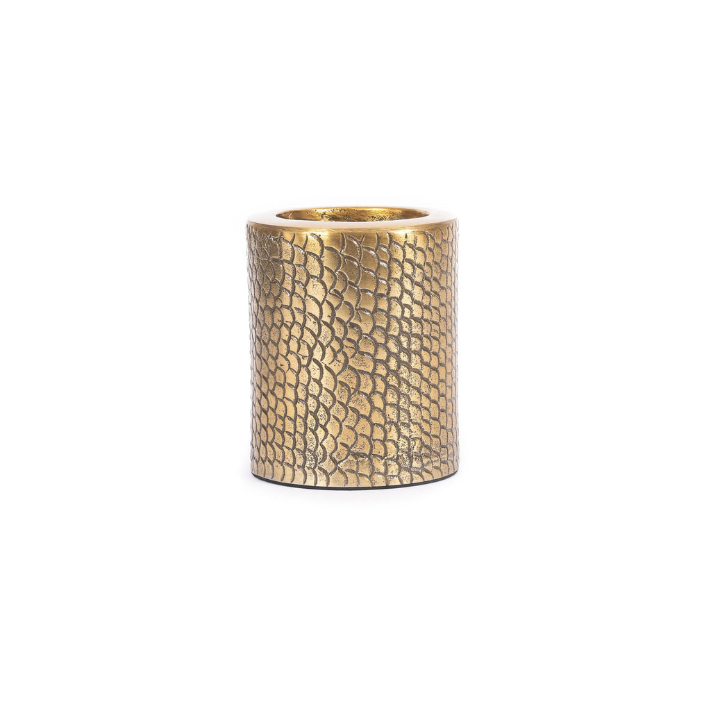 Bougeoir en métal doré relief écailles forme cylindrique