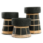 Bougeoir en terre cuite et rotin noir 12 cm avec mortier en pierre noire