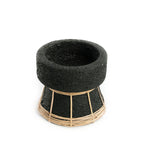 Bougeoir en terre cuite et rotin noir 12 cm avec mortier de pierre volcanique noire