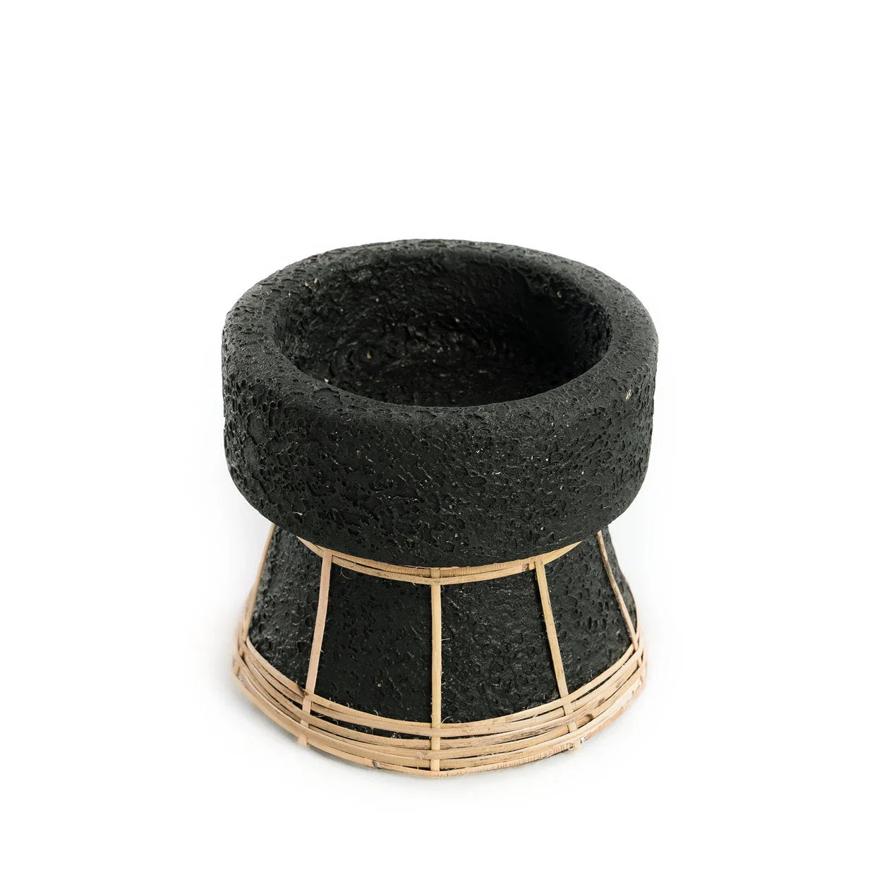 Bougeoir en terre cuite et rotin noir 12 cm avec mortier de pierre volcanique noire