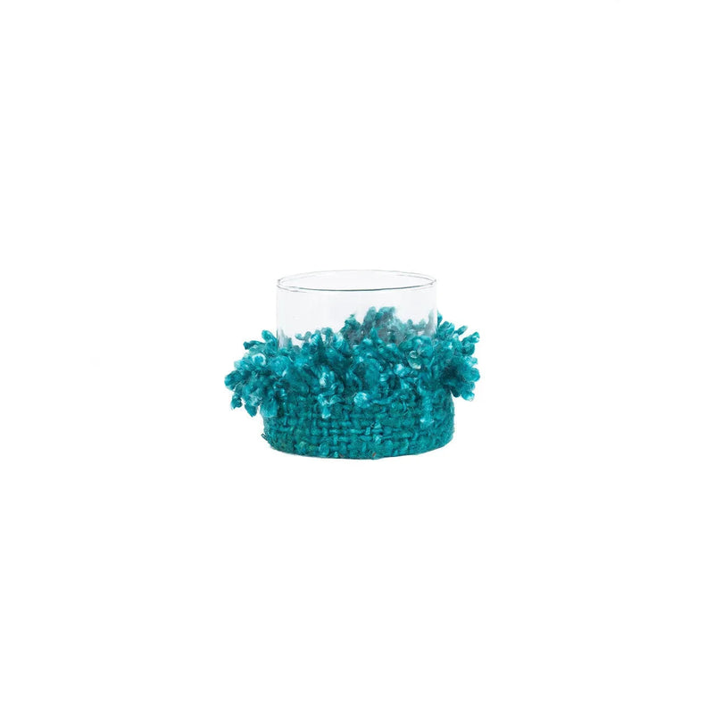 Bougeoir en verre et coton tricoté aqua 8 cm