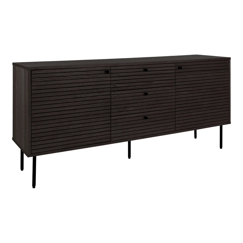 Buffet bas moderne en bois noir à lattes horizontales, 150x40 cm