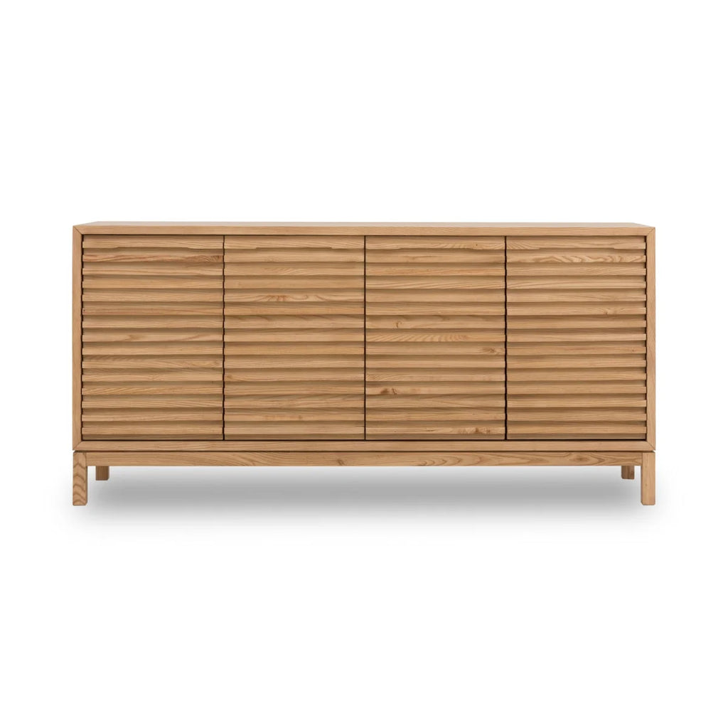 Buffet en bois clair à façade cannelée, 4 portes, 163x46 cm