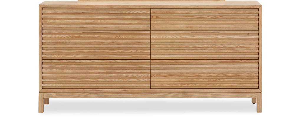 Commode japandi minimaliste en bois clair, 6 tiroirs slatés, 173x46 cm
