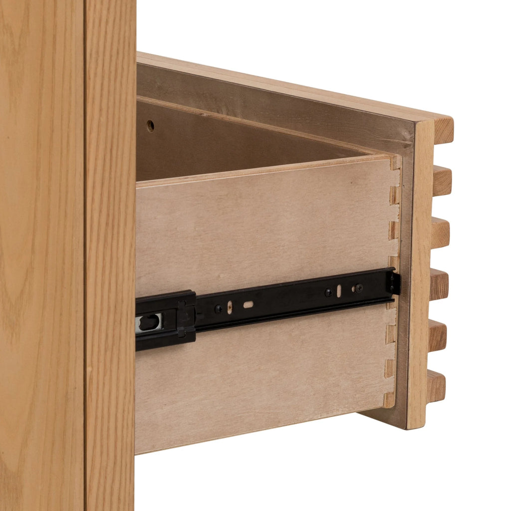 Tiroir en bois clair avec glissière métal noir, buffet Japandi minimaliste