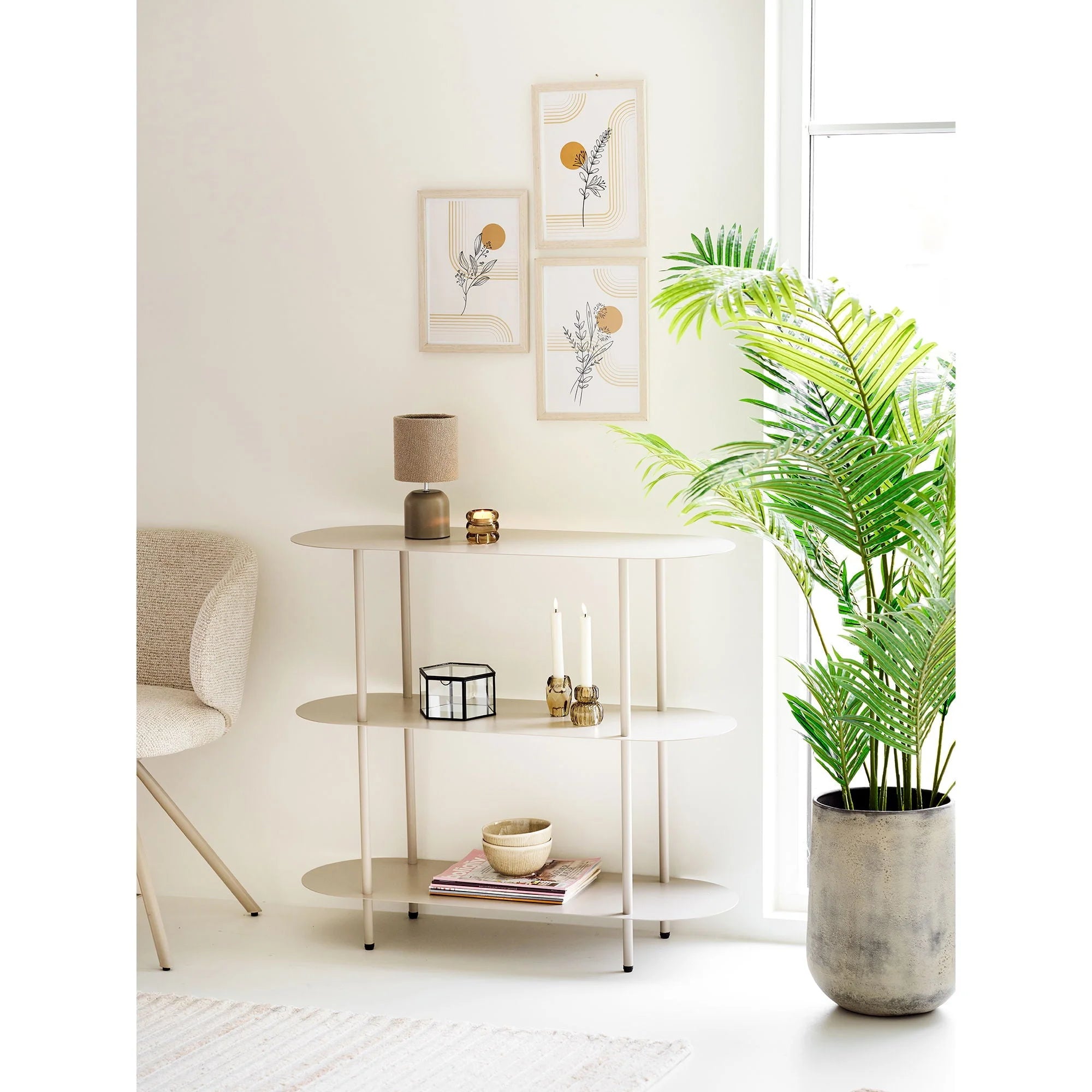 Table console minimaliste moderne, 3 étagères ovales, pieds métal beige clair