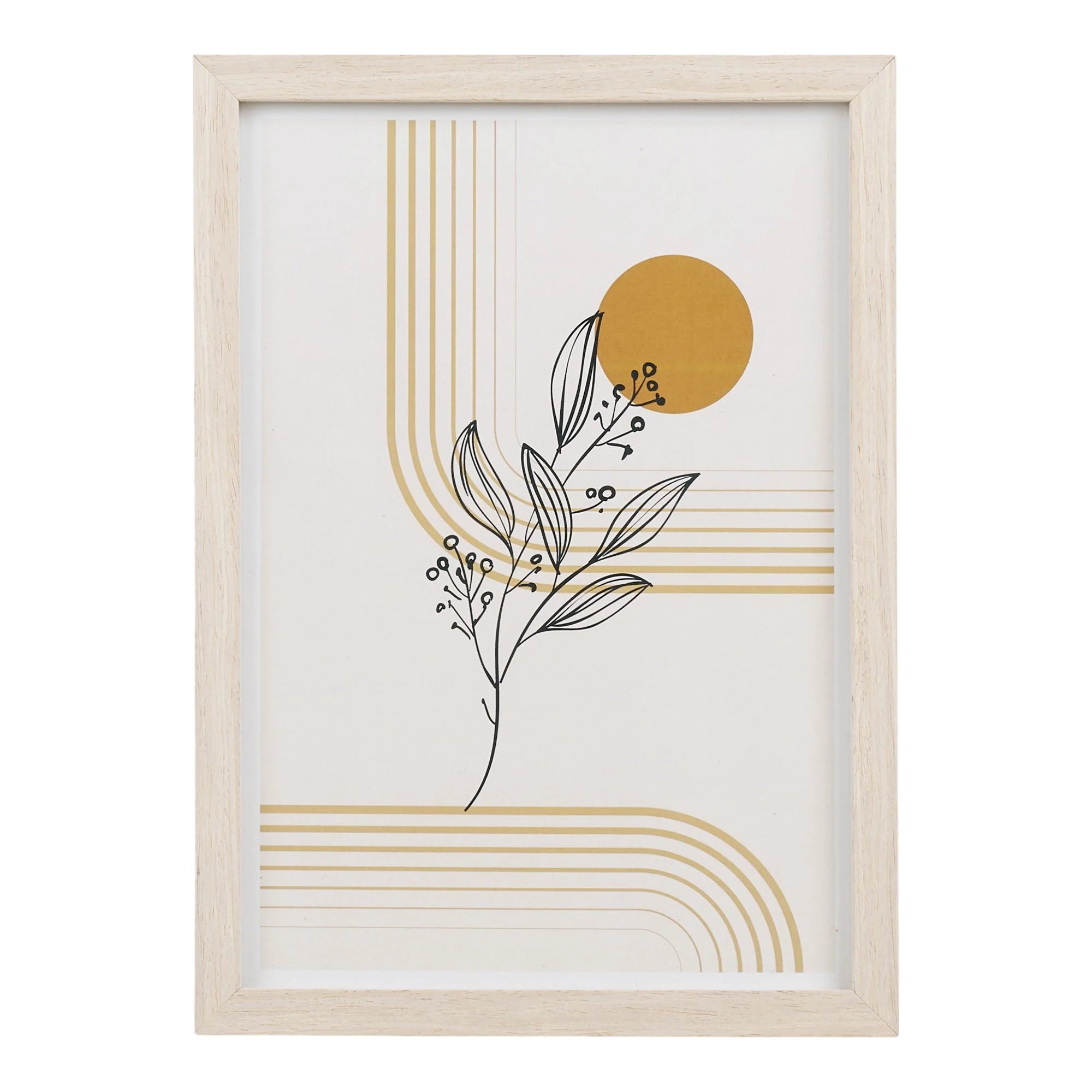 Cadres déco murale bois clair avec motifs graphiques en or et feuilles stylisées