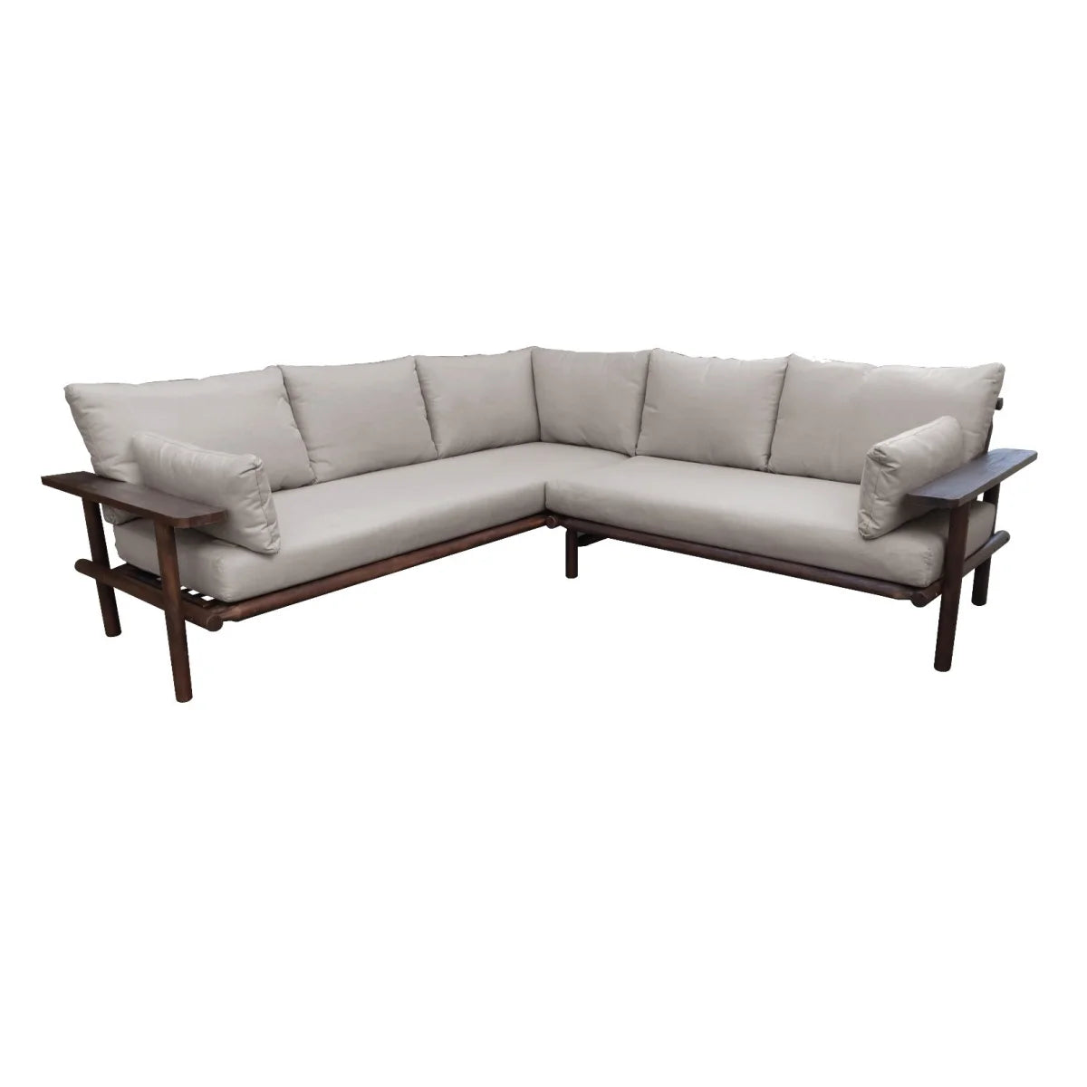 Canapé d’angle moderne en bois foncé avec coussins gris clair
