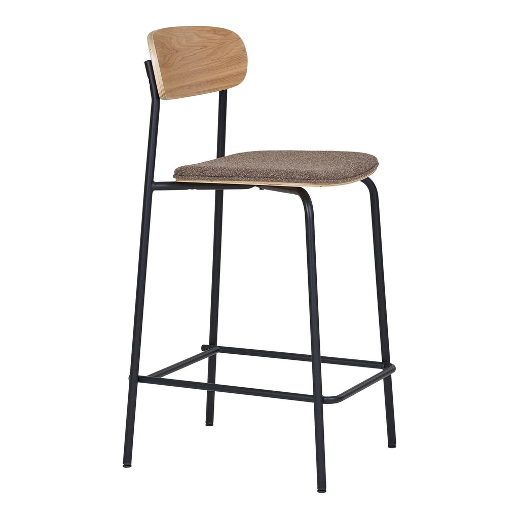 Chaise de comptoir bois clair et tissu marron texturé, pieds métal noir - lot de 2