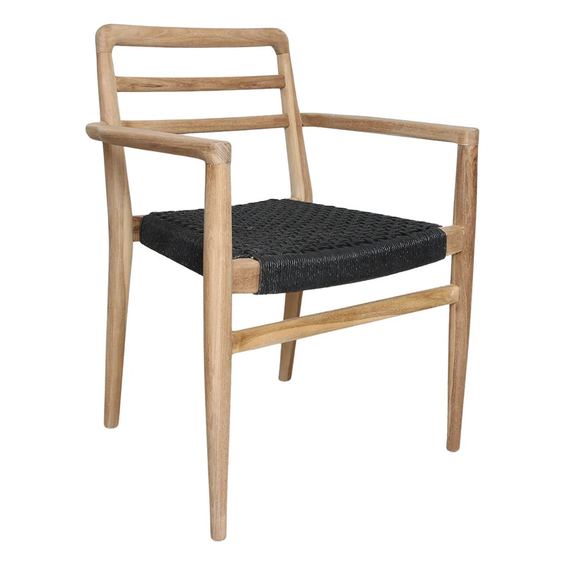 Chaise de jardin en teck recyclé et corde noire avec accoudoirs – Lot de 2