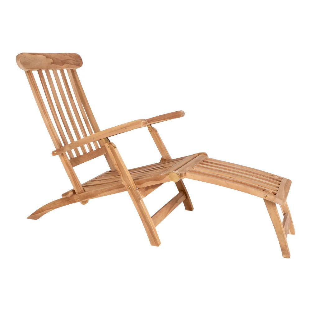 Chaise longue en teck pliante avec coussin blanc pour extérieur